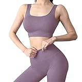 Mayround Nahtloser Frauen Yoga Anzug 2 Teilig Gerippt | Sport BH und Hohe Taille Leggings Gym Kleidung Set (Blau, Large) (Dunkelviolett, Small)