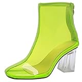 Etebella Damen Transparent Regenstiefel Wasserdicht Blockabsatz High Heels Ankle Rain Boots Sandalen(Neon Grün,40)