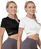 Damen 2er-Pack Crop Tank Top Cropped Kurzarm Oberteile Kurzarm Bauchfrei Top Sports Workout Yoga T-Shirts Schwarz/Weiß-L