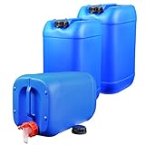 plasteo 3X 25 Liter Getränke- Wasserkanister mit 1 Hahn und 3 Schraubdeckel (DIN 61) | Lebensmittelecht | BPA Frei | Tragbar | Indoor und Outdoor Blau