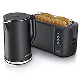 Arendo - Wasserkocher mit Toaster SET Edelstahl Schwarz, Wasserkocher 1,5L 40° 100°C Warmhaltefunktion Toaster 4 Scheiben LED-Display 6 Bräunungsgrade Brö