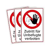 3 Stück Zutritt für Unbefugte verboten Schild 20 x 30 cm aus stabiler PVC Hartschaumplatte 3mm mit UV-Schutz von STROBO