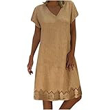 Lulupi Damen Leinenkleid,Frauen Böhmen Elegantes Knielang V-Ausschnitt Casual Kurzarm Strandkleide Sommer Übergröße