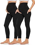 Missluck Umstandsleggings Blickdicht Damen Schwangerschaft Leggings Lang Mammy mit Taschen für Yoga(Schwarz*2,S)