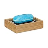 Relaxdays Seifenablage Bambus eckig, Abtropfgitter aus Edelstahl, hygenisch, HxBxT: 3 x 12,5 x 10 cm,