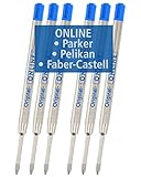 6x kompatible Parker Kugelschreiberminen G2-Format Strichstärke M (mittel) von Online, auch für Pelikan, Faber-Castell etc, Internationale Standard Großraum Minen, dokumentenecht, Schreibfarbe blau