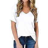 Masrin Damen T-Shirt Lässig Einfarbig Basic Tops Schlichte Einfachheit T-Shirts V-Ausschnitt Kurzarm Loose Tunika All-Match Bluse(L,Weiß)