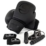 Sportisfaction Boxhandschuhe 10oz inkl. Bandagen und Springseil - Kickboxhandschuhe schwarz für Jugendliche und Erwachsene - für Anfänger