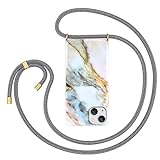 ZhinkArts Handykette kompatibel mit Apple iPhone 13-6,1' Display - Marmor Necklace (abnehmbar) Handyhülle mit Kordel zum Umhängen in Braun - Weiß - Grau