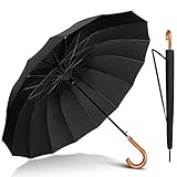 NINEMAX Regenschirm Groß Sturmfest,Stockschirm mit Holzgriff füR Herren Damen,Stabiler 16 Knochen Regenschirm Automatik füR 2 Personen, (Schwarz)