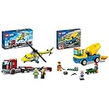 LEGO 60343 City Hubschrauber Transporter, Spielzeug ab 5 Jahren mit LKW & 60325 City Starke Fahrzeuge Betonmischer, LKW-Spielzeug mit Baustelle, Baufahrzeugen und Minifiguren für Kinder ab 4 Jahren