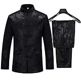 Tang Suit Herren Hanfu Traditionelle Chinesische Kleidung Kung Fu Shirt Uniform Langarm Mantel Tops und Hosen - Schwarz - M