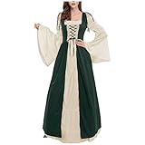 Halloween Kostüm Damen, Mittelalter Kleid Kleidung Damen Schulterfrei Trompetenärmel Farbblock Tunika Renaissance Kleid Gothic Viktorianische Mittelalterliche Ballkleider Festlich Cosplay Maxik