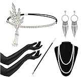 Timelike 1920s Damen Accessoires Set Halskette Handschuhe Zigarettenhalter Stirnband 20er Jahre 1920s Charleston Gatsby Retro Stil Kostüm Ball