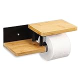 Domestiva Toilettenpapierhalter aus Bambus und Stahl in Schwarz - Klopapierhalter ohne Bohren selbstklebend mit Ablage - Hochwertiger Toilettenpapier Holz - Toilettenpapierhalter ohne Bohren