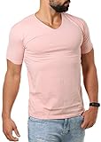 Young & Rich Herren V-Ausschnitt T-Shirt einfarbig körperbetont mit Stretchanteilen Uni Basic V-Neck Tee, Grösse:M, Farbe:Rosa