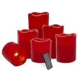 Flammenlose Kerze, rot, 6 Stück LED-Kerzen (7,6 x 7,6 cm, 10,2 cm, 15,2 cm), aus echtem Wachs, flackernde Tränenförmige Kerze mit vielen Tränen, mit 10-Tasten-Fernbedienung