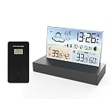 HJRUIUA Wetterstation Funk mit Außensensor, Temperaturwarnung, RF Funkuhr - Batteriebetrieb und USB-Netzkabel, in transparentem Glas Design mit Anzeige,