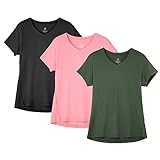 icyzone Damen Sport Fitness T-Shirt Kurzarm V-Ausschnitt Laufshirt Gym Top Funktionsshirt, 3er Pack (XXL, Solid Black/Pale Pink/Dark Green)
