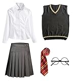 FStory&Winyee Zauberer Set Bluse Rock Weste Krawatte Brille Kostüm Zubehör für Kinder Erwachsene Zubehör Set Striped Tie Gestreifte Krawatte zum Karneval Fasching Halloween,2 Weiblich-rot,135