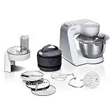 Bosch Küchenmaschine Serie 4 MUM58210, Edelstahl-Schüssel 3,9 L, Planetenrührwerk, Patisserie-Set aus Edelstahl, Knethaken, Schlagbesen, Rührbesen, Durchlaufschnitzler, 3 Scheiben, 1000 W, weiß/silb