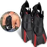 Khroom verstellbare Schnorchelflossen kurz mit Tasche zum umhängen Gr.36-47 Kurzflossen zum Schwimmen Erwachsene Damen & Herren | Taucherflossen Flossen Schnorcheln Schwimmtraining (42-47, Rot)