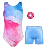 JESKIDS Gymnastikanzug für Mädchen, Tanzeinteiler, Biketards, passende Shorts, Sportbekleidung für Mädchen von 4–13 Jahren, Farbverlauf, Blau, Rot, 10-11 J