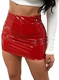 CiKiXZ Damen Lederrock Wetlook PU Leder Bleistiftrock Figurbetont Bodycon Mini Rock Hohe Taille Leather Skirt Hüftrock (Rot, S)