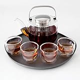 VIVA Scandinavia Teekanne mit Siebeinsatz, Glas Teekocher im Set mit 4 kleinen Tee-Tassen aus Borosilikat Glas und Serviertablett grau, Geschirrspüler-geeignet, Tropffrei, 0,75 Liter