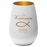 4you Design Windlicht Fisch mit Namen, Datum graviert (Metall-Weiß-Gold) Geschenk zur Kommunion, Teelichthalter für Patenkinder, Personalisierte Geschenk