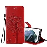 YADASON für Huawei Y360 Hülle, [Magnet Verschluss] [Kartenfächer] Prägung Katze und Baum Schutzhülle PU Leder Handyhülle Wallet Flip Brieftasche Ledertasche (Rot)