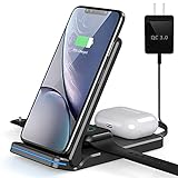 QTlier Wireless Charger, Foldable 3 in 1 Qi-Certified 15W Fast Charging Station for Air pods/Apple Watch se/6/5/4/3/2/1, Charging Stand for iPhone 12/11/11pro/X/XS/XR/Xs Max/8/8 Plus/Samsung (Black)