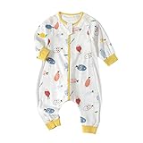 Sommer Kleinkind Mädchen Jungen Bedrucken Doppelreißverschluss Pyjama Atmungsaktiv Langarm Schlafstrampler für Kinder 0-3 Jahre（Gelb，3-6 Monate）