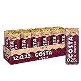 Costa Coffee Latte - cremig-sanfter Milchkaffee mit zwei intensiven Espresso-Shots - mit weniger Zucker - Kaffee-Kaltgetränk in Einweg Dosen (12 x 250 ml)