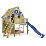 Wickey Stelzenhaus Smart FamilyHouse mit Schaukel & Blauer Rutsche, Kletterturm, Spielhaus, Spielturm, Baumhaus mit Sandkasten, Kletterleiter & Spiel-Zubehö