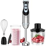 FRESKO 4-in-1 Stabmixer Edelstahl, 1000W Pürierstab mit 12 Geschwindigkeiten und Turbo-Modi, Inklusive Schneebesen, 500ml Lebensmittelhacker und 700ml Messbecher, für Babynahrung, Suppe, S