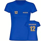 VIMAVERTRIEB® Damen T-Shirt Karlsruhe - Trikot Nr. 12 - Druck:Gold metallik - Shirt Frauen Fußball Fanshop Fanartikel - Größe:S blau