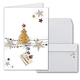 20x Weihnachtskarten-Set DIN A6 in Weiß mit Weihnachtsbaum und Sternen - Faltkarten mit passenden Umschlägen - Weihnachtsgrüße für Firmen und Privat