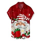 Hässliches Weihnachten Hawaii Tshirt Herren Trendy Button Down Revers Kurzarm Buntes T-Shirt Lässige Grafik Tops Bluse für Männer (11 Red, S)
