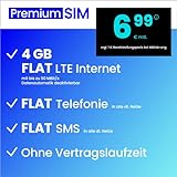Handyvertrag PremiumSIM LTE All 4 GB - ohne Vertragslaufzeit (FLAT Internet 4 GB LTE mit max. 50 MBit/s mit deaktivierbarer Datenautomatik, FLAT Telefonie, FLAT SMS und EU-Ausland, 6,99 Euro/Monat)