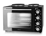 Emerio Multi Backofen mit 2 Kochplatten, 3200 Watt, Pizzaofen, Camping Küche, gleichzeitig kochen und backen, Ober-/Unterhitze, Thermostat, 90°-230°C, Innenbeleuchtung, BPA frei, MO-125236, schwarz