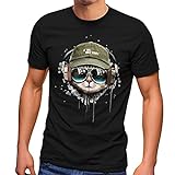 Neverless® Herren T-Shirt Katzen-Motiv cool Kopfhörer Musik Fashion Streetstyle schwarz L