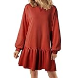 Damen-Winterkleider, Größe 44, Tunika-Kleid, Baumwolle, einfarbig, T-Shirt-Kleid, dickes Tageskleid, bequemes Sweatshirt-Kleid, Rundhalsausschnitt, lässiges Kleid, Pullover-Top, rot, XXL
