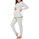 Umstandspyjama Damen Stillpyjama T-Shirt und Hose Zweiteilige Still-Schlafanzug Stillfunktion Umstandsmode Pyjama Sets/XXL Weiß