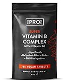 PREMIUM Vitamin B-Komplex mit zusätzlichem Vitamin D3 - 365 hochwirksame vegane Tabletten - alle 8 B-Vitamine - PETA-geprüft - Vitamine B1, B2, B3, B5, B6, B12, Biotin & Folsäure - The Pro Co.®