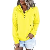Weiche Damen-Sweatshirts, lockere, bequeme, übergroße Passform, einfarbig, langärmelig, lässig, Kapuzen-Sweatshirt mit weiblichen Knöpfen und Kordelzug-Taschen, Workout-Top mit Ärmeln, gelb, M