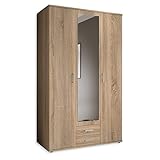 KARL Eleganter 3-türiger Kleiderschrank mit viel Stauraum - Mehrzweckschrank Sonoma Eiche mit Spiegeltür - 120 x 195 x 55