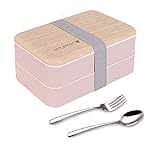original bento box lunch boxen Lunchbox essensbox bündel teiler japanischer stil mit edelstahl besteck löffel und gabel (Rosa)