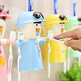 Kinderzahnbürstenhalter mit Tasse, Nette Hände geben Zahnpastaspender frei Kinder automatischer Karikatur-Zahnpasta-Squeezer-Kasten, Wand-Bad-Kit Leicht zu reinigen (Blau)