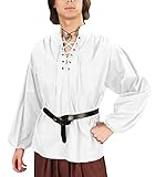 YBENLOVER Herren Mittelalter Hemd Stehkragen Schnürhemd Renaissance Viktorian Viking Kostüm V-Ausschnitt Piratenhemden (XL, Weiß)